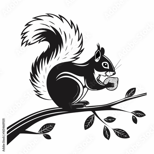 Tableau sur toile Black and white Squirrel Eating a Nut on a Tree Branch Image vector isolated on white background