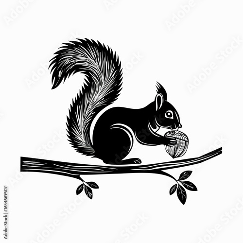 Photos Black and white Squirrel Eating a Nut on a Tree Branch Image vector isolated on white background
