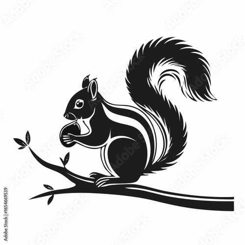 Tableau sur toile Black and white Squirrel Eating a Nut on a Tree Branch Image vector isolated on white background