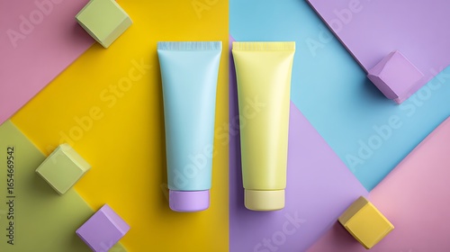 Wallpaper Mural Colorful Skincare Tubes and Small Blocks on Bright Geometric Background Torontodigital.ca