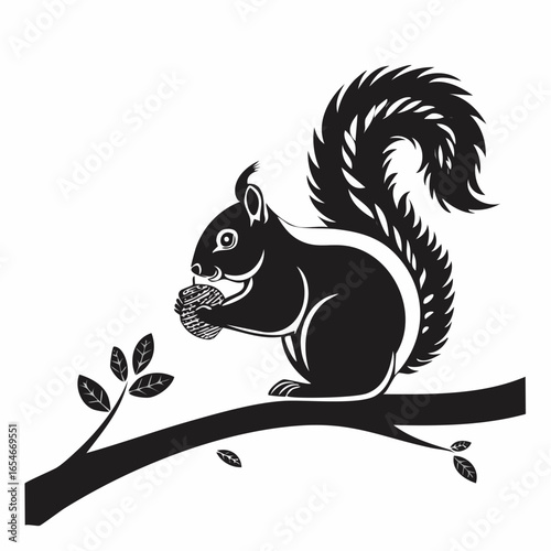Tableau sur toile Black and white Squirrel Eating a Nut on a Tree Branch Image vector isolated on white background