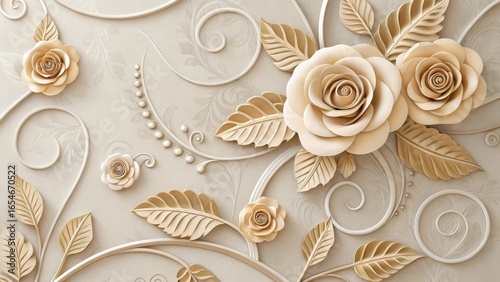 Intricate golden floral design with roses and swirling patterns