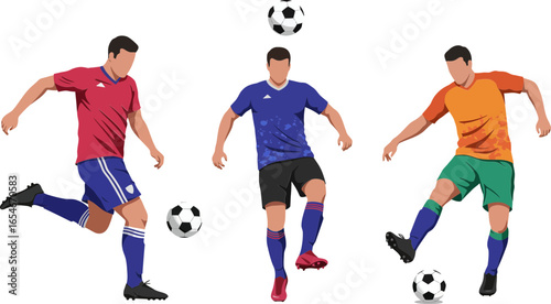 Flat vector illustration of three soccer players in colorful uniforms kicking balls, teamwork and sports action scene, modern football concept