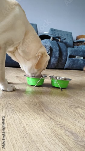 A fawn one-year-old labrador eats dry food from a green bowl