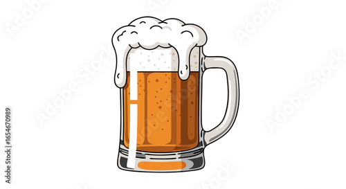 Cartoon-style illustration of a frosty beer mug filled with golden beer topped with a frothy white foam head emphasizing freshness and refreshment