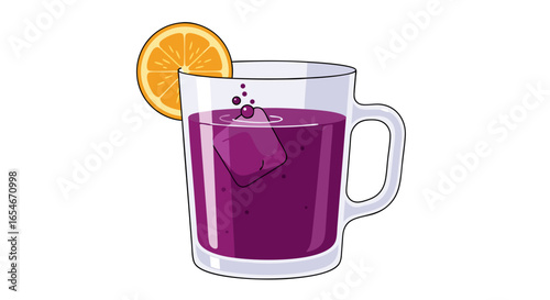 Refreshing purple beverage in a clear glass mug with ice and a citrus slice garnish for a cool summer drink