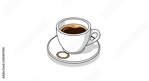 Stylized Illustration of a Classic Coffee Cup with Steam and Saucer on White Background for Beverage and Cafe Design Projects