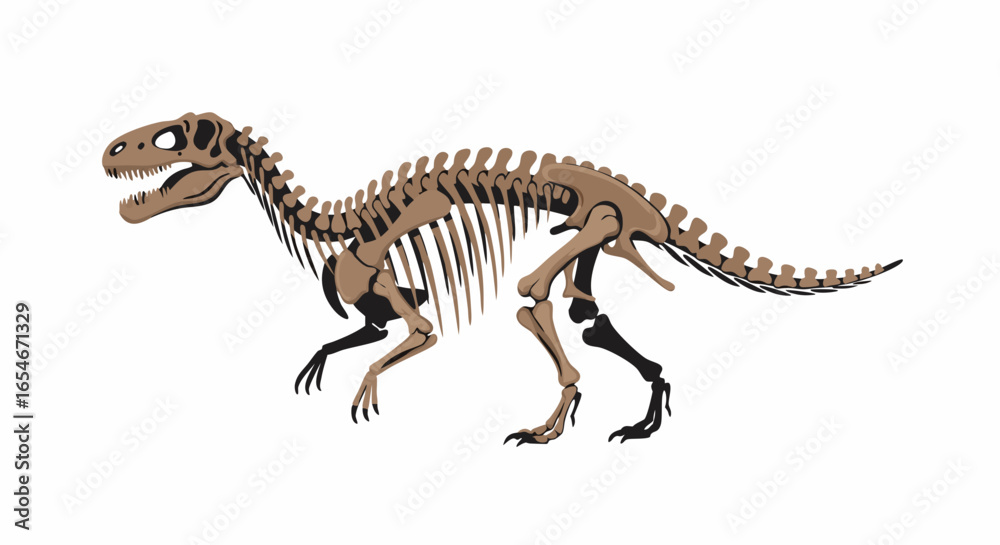 Fototapeta premium Fossilized dinosaur skeleton illustration showcasing prominent skull and articulated bones with a detailed view of vertebrate structure