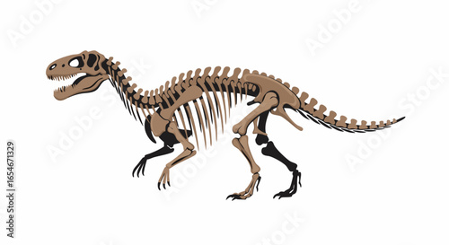 Fossilized dinosaur skeleton illustration showcasing prominent skull and articulated bones with a detailed view of vertebrate structure