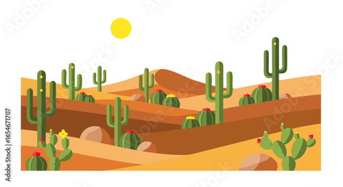 Desert Landscape with Cacti and Sunny Atmosphere illustrating arid climate with minimal vegetation under clear sky and vibrant sun