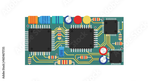 high-resolution illustration of an electronic circuit board with microchips and colorful components showcasing modern technology at a detailed level