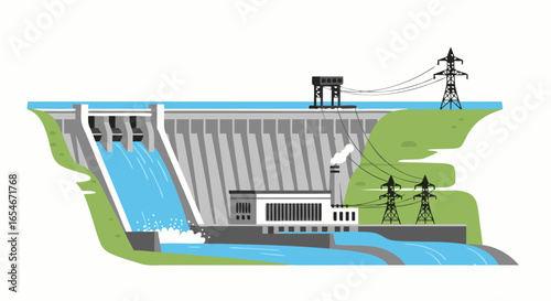 Illustration of a hydroelectric dam with flowing water and power lines depicting renewable energy generation process