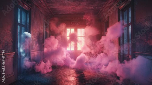 Static shot of a mysterious, dark vintage room where billowing pink and blue clouds of smoke swirl. A central window pulses with warm, glowing light.