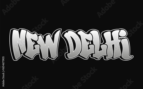 New Delhi graffiti art on a black backdrop, showing an urban style.