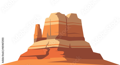 Stylized digital illustration of iconic isolated desert butte with layered rock formations in warm sandstone tones capturing rugged natural