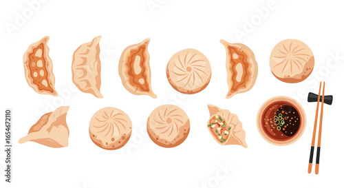 various types of Asian dumplings and dipping sauce with chopsticks arranged in a line on white background for culinary presentation
