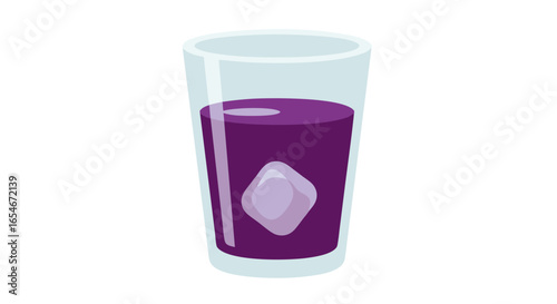 Stylized illustration of a glass filled with a dark purple beverage and a single ice cube floating inside a minimalist design on a plain background