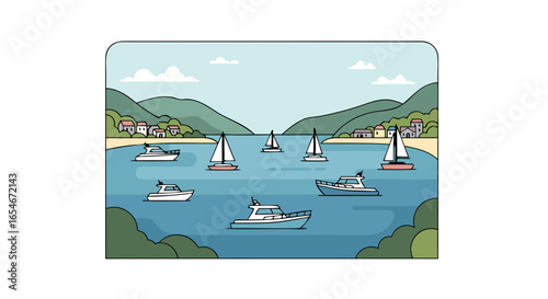 Serene coastal scene featuring a tranquil bay filled with sailboats and motorboats, surrounded by lush green hills and quaint seaside houses on a