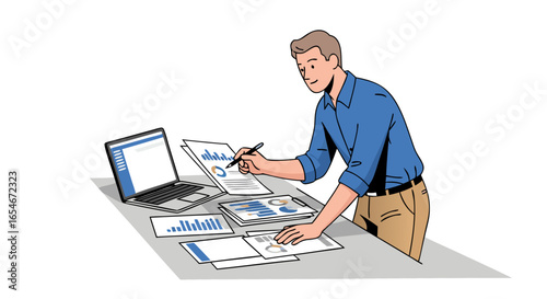 Business professional analyzing financial reports and data on a desk with laptop and documents demonstrating analytical work and data interpretation