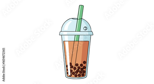 Delicious iced bubble tea with tapioca pearls in a clear plastic cup with a green straw and a sealed lid perfect for warm weather refreshment