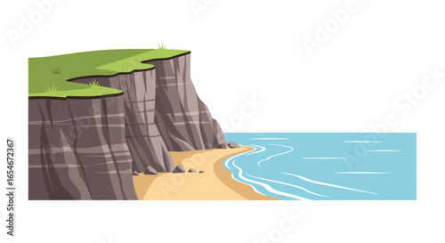 Scenic coastal cliff landscape with sandy beach and calm ocean waters under clear sky in a tranquil natural setting