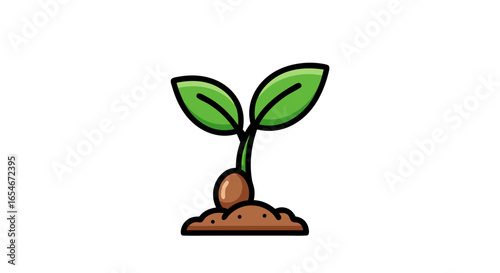 illustration of a young plant sprouting with two vibrant green leaves emerging from moist soil symbolizing growth and new beginnings in a
