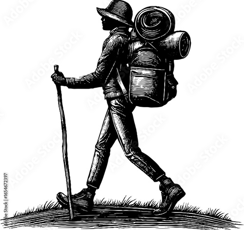 Vintage engraved illustration of person hiking with backpack on trail for outdoor adventure design