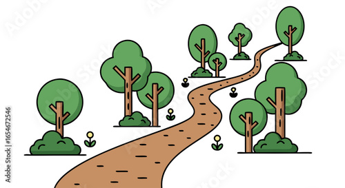 Stylized minimalistic illustration of a winding forest path with diverse trees and small flowering plants creating a tranquil nature scene