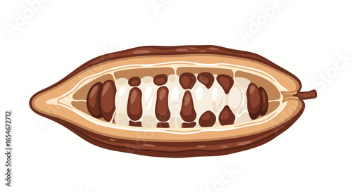 Artistic Illustration of a Halved cacao pod revealing its rich, brown seeds and inner pulp, showcasing the natural texture and intricate details of