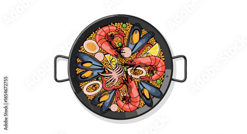 Delicious and colorful seafood paella dish featuring shrimp mussels and vegetables in a traditional style skillet for authentic culinary experience