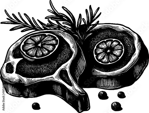 Vintage engraved illustration of pork chops with apple slices and herbs for culinary design