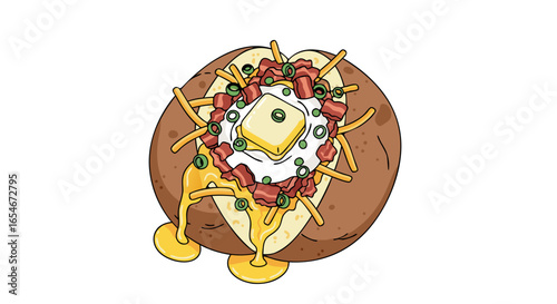Delicious loaded baked potato with melted cheese sour cream and fresh toppings in a colorful cartoon illustration