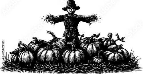Autumn harvest scene with scarecrow in pumpkin patch engraving for seasonal decor