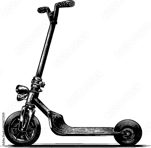Vintage engraved illustration of a push scooter with wooden elements for retro design projects