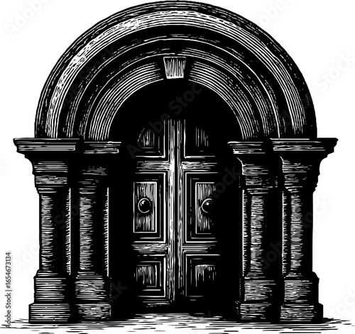 Renaissance arched doorway engraving for vintage design and decoration