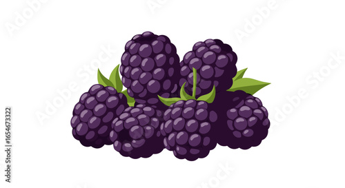 Vivid illustration of plump ripe blackberries accompanied by fresh green leaves showcasing natural fruit vitality and vibrant color contrast