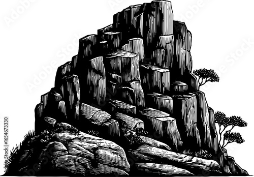 Vintage engraving of rocky cliff with trees - hand drawn black silhouette for retro design
