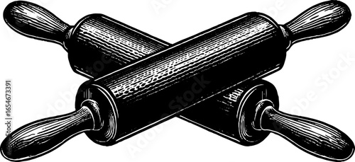 Vintage engraved illustration of rolling pin with handles for retro kitchen design