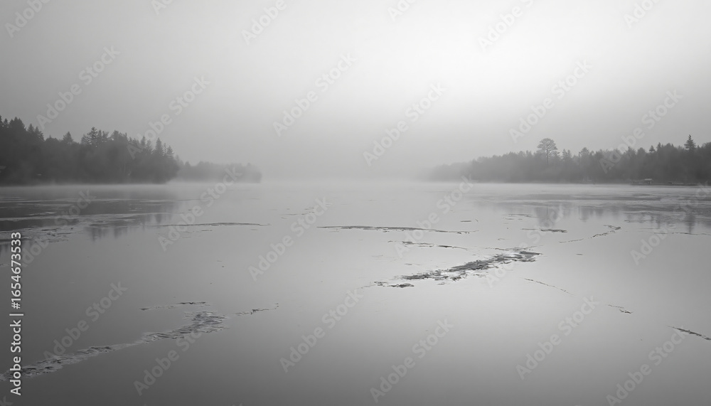 Fototapeta premium Monochrome Landscape with Water, Trees, and Fog