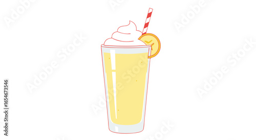 Refreshing citrus-flavored beverage with creamy topping and striped straw served in a tall glass perfect for summer enjoyment capturing a vibrant