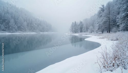 Lake Surrounded by Snow-Covered Forest in Winter
