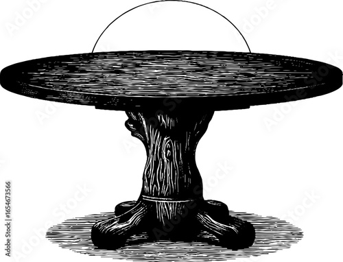 Vintage engraving of round dining table for home and furniture decor