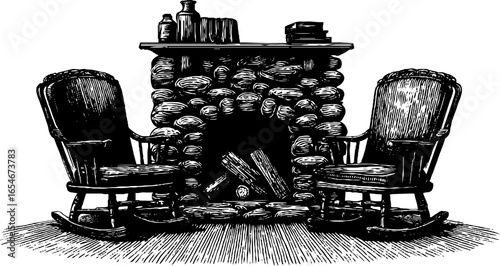 Engraved illustration of rustic living room with stone fireplace and rocking chairs