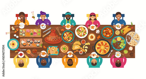 Diverse Cultural Dinner Gathering with People Sharing Traditional Cuisine and Laughter around a Long Communal Table Full of Various Dishes and