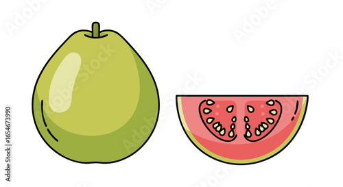 Illustration of a whole green pear alongside a freshly sliced pink tomato displaying its juicy interior in a simple minimalist style suitable for