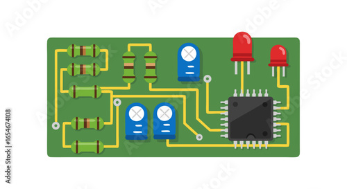 Electronic Circuit Board with Resistors LEDs and Microchip for Technical Projects and Digital Electronics Education