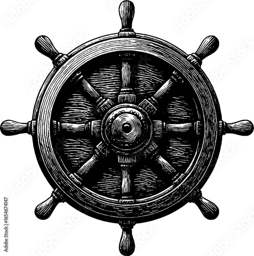 Nautical adventure theme with engraved ship captain at helm for design projects