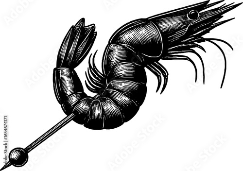 Shrimp skewer engraved illustration, seafood black vintage sketch with hand drawn design.
