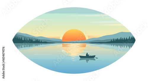 Serene sunrise over tranquil lake with a solitary boat drifting gently amidst distant mountain ranges and soft pastel sky hues creating a peaceful