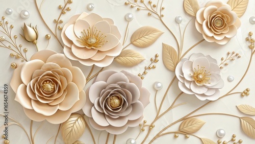 Fototapeta Naklejka Na Ścianę i Meble -  Collection of embossed flowers with gold leaves and pearl accents